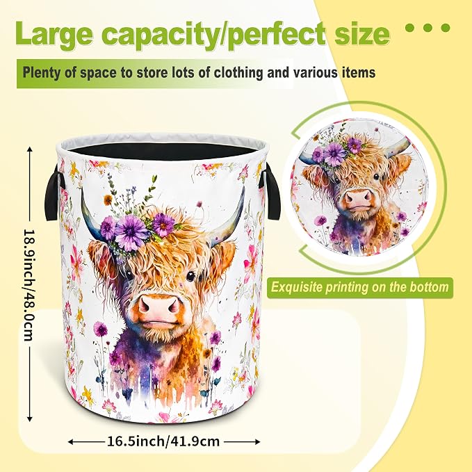 Highland Cow Laundry Basket Foldable Waterproof Oxford Cloth Funny Tote Bag | Laundry Hamper Clothes Storage Bucket Organizer For Bathroom/Laundry Storage /Bedroom Storage Basket 18.9x16.5 Inch