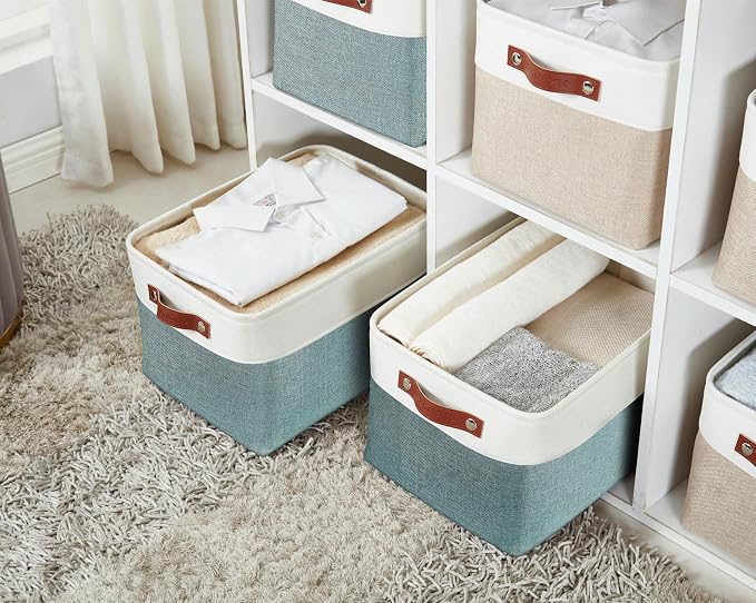 DECOMOMO Storage Bins, Large Fabric Storage Baskets for Shelves 4 Pack | 15 x 11 x 9.5 inches Decorative Linen Closet Organizers (Green & White)