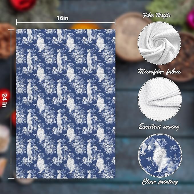 Chinoiserie Border Collie Kitchen Towels,Blue and White Floral Border Collie Decorative Dish Tea Towels,Grandmillennial Dog Hand Towels for Kitchen Bathroom, Border Collie Gifts,16x24 Inch