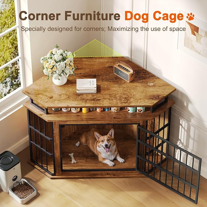 51" Corner Dog Crate Furniture Large Wooden Dog Kennel Indoor Dog House | With 2-Tier Shelves, Large Storage Space, Space-Saving Design, Multi-functional Pet House, Sturdy & Secure, Easy Assembly