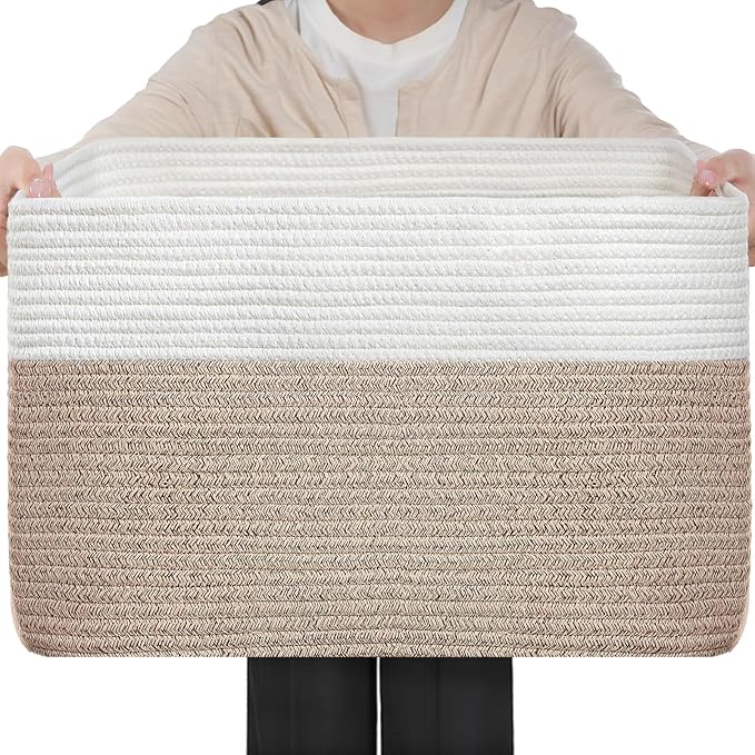 Optish 95L Large Woven Blanket Basket, Storage Basket with Handles | Sturdy Cotton Rope Basket Organizer Blanket, a lot of Toys, Comforter, Pillows, Bedroom, Living Room, Bathroom, Easy to Carry