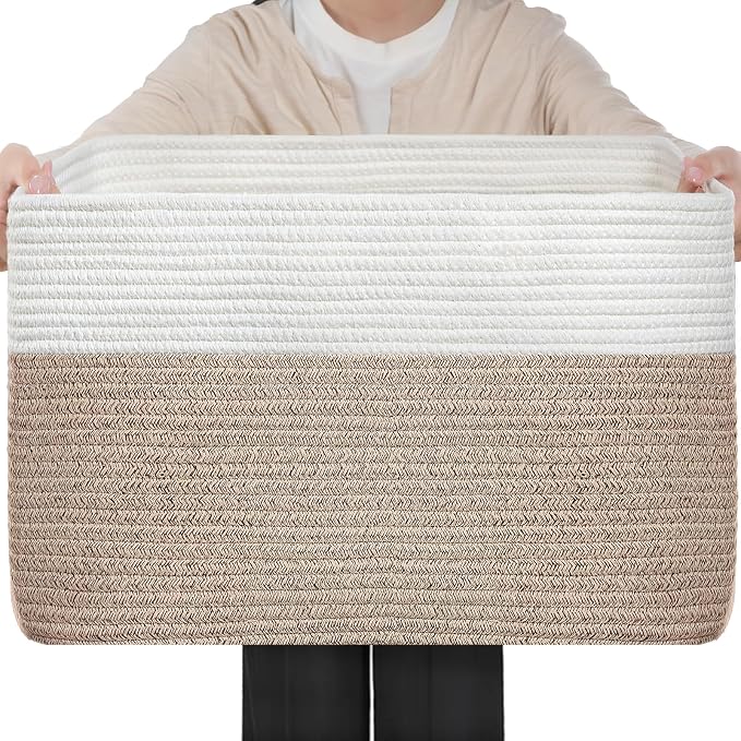 Optish 75L Large Woven Blanket Basket, Storage Basket with Handles | Sturdy Cotton Rope Basket Organizer Blanket, a lot of Toys, Comforter, Pillows, Bedroom, Living Room, Bathroom, Easy to Carry