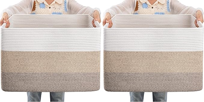 OIAHOMY 108L Large Cotton Rope Basket, Rectangle Woven Baskets for Storage, Nursery Blanket Storage Living Room, Toy Basket With Handle-25”x16”x16”-Gradient Yellow (Pack of 2)