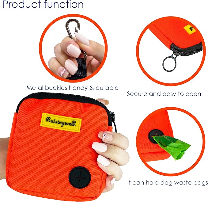 Raisingwell Dog Treat Pouch for Pet Walking and Training with Clicker Poop Bags Small Fanny Zipper Pack Holder for Puppy Snack Dispenser Kit for Leash and Outdoor Use (Orange)