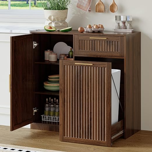 Single 13 Gallon Pull Out Trash Can Cabinet with Storage Cabinet,Walnut | Pet Proof Hidden Garbage Can Cabinet,3-Tier Shelves,Fluted Design,Extra Drawer Space,Kitchen & Dining Room Organization