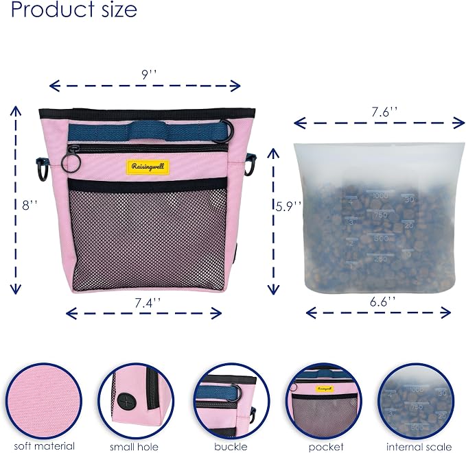 Raisingwell Dog Treat Pouch with Magnetic Closure 4-Cup Silicone Bag Fanny Pack Holder with Clicker 4 Ways to Wear Front Pocket Fits All Phones Ideal for Leash, Pet Walking and Training（Pink）
