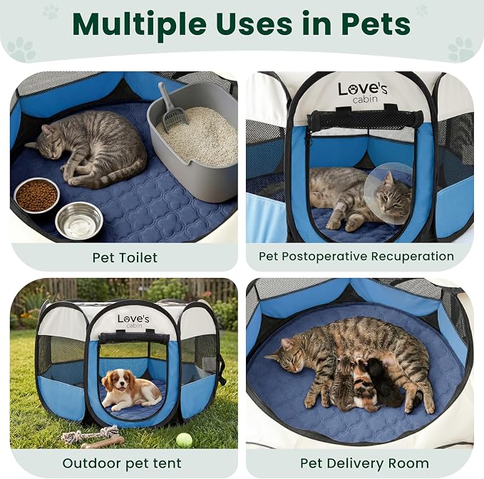 Love's cabin Dog Playpen with Washable Pee Pad, Puppy Pet Cat Playpen Small Dogs Tent Crate Indoor/Outdoor, Portable Pop Up Kennel with Carrying Case for Cats/Rabbits(Blue,Small with pad)