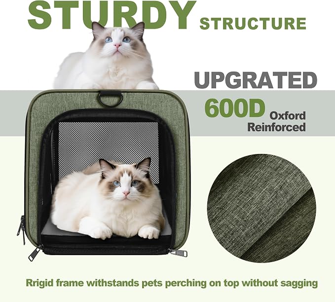 GAPZER Medium Cat Carrier Bag Lightweight, Soft-Sided Small Pet Carry Crate | 18 x 11 x 11 Light Weight Yorkie Kennel up to 15 lbs for Indoor House, Top Entry Bunny Canvas Bag Vet Visit Easy Clean Olive