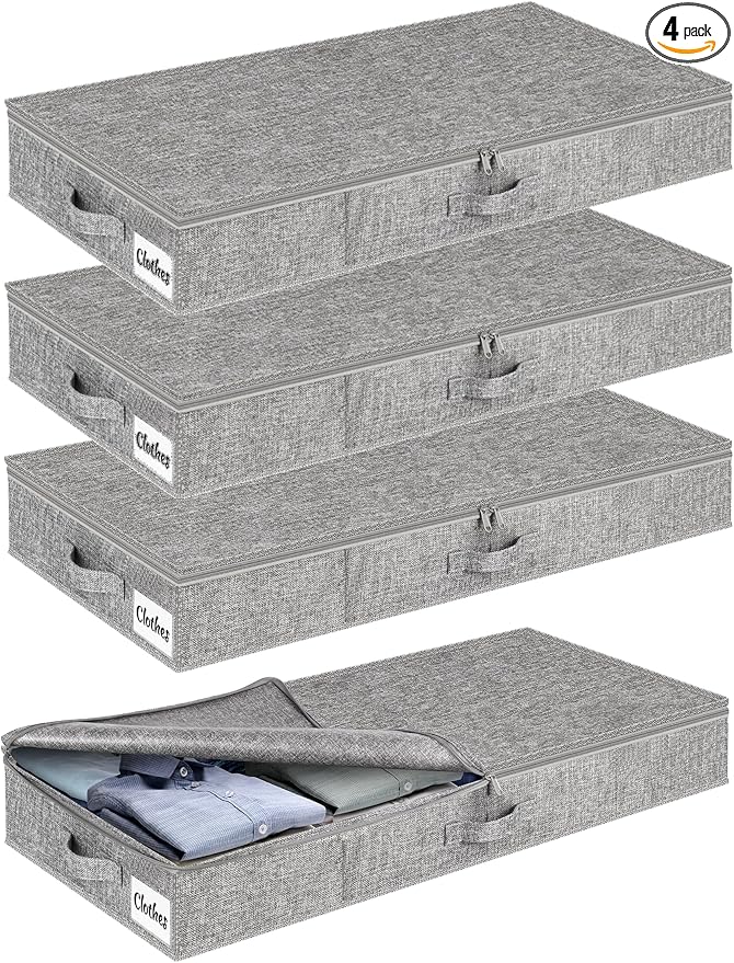 Under Bed Storage Container Bins 4 Pack, 5 Inch Thin Low Profile Underbed Clothes Storage Organizer for Dorm & Home, Use for Blanket and Toy Storage Box W/ Sturdy Bottom/Sides, Foldable Thick Fabric