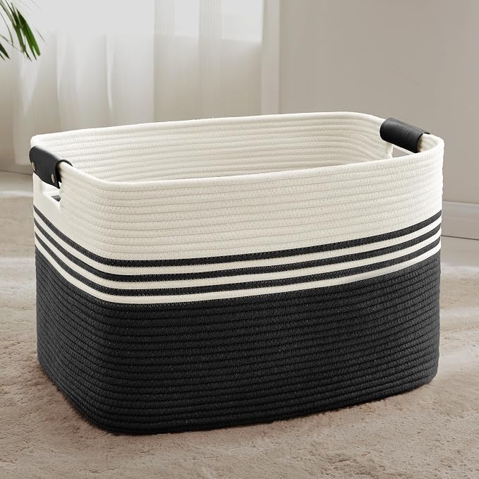86L Large Woven Laundry Basket Hamper with Leather Handles,Black | collapsible wicker hamper, storage for dirty clothes, toys, blankets, gifts, living room, bedroom, bathroom, 24"x16"x14"