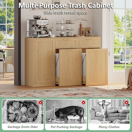 Double 13 Gallon Pull Out Trash Can Cabinet with Storage Cabinet,Natural | Pet Proof Hidden Garbage Can Cabinet,3-Tier Shelves,Fluted Design,Extra Drawer Space,Kitchen & Dining Room Organization