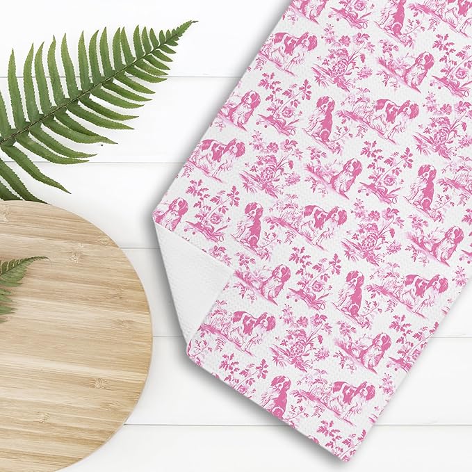 Pink Chinoiserie Cavalier King Charles Spaniel Kitchen Towels,Grandmillennial Botanical Dog Hand Towels for Kitchen Bathroom,King Cavalier Charles Gifts, 16x24 Inch