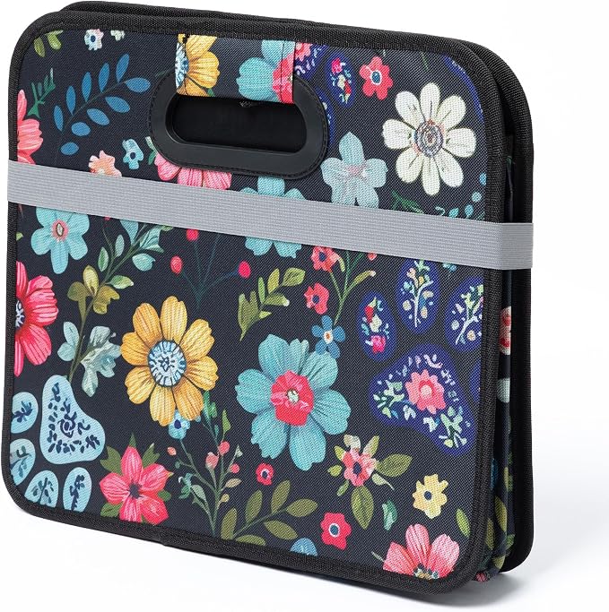 GreaterGood Paws Car Trunk Organizer Foldable Storage Bin with Handles Non Slip Base Pet Gear Travel Tote for SUV Truck (Floral Pawscape)