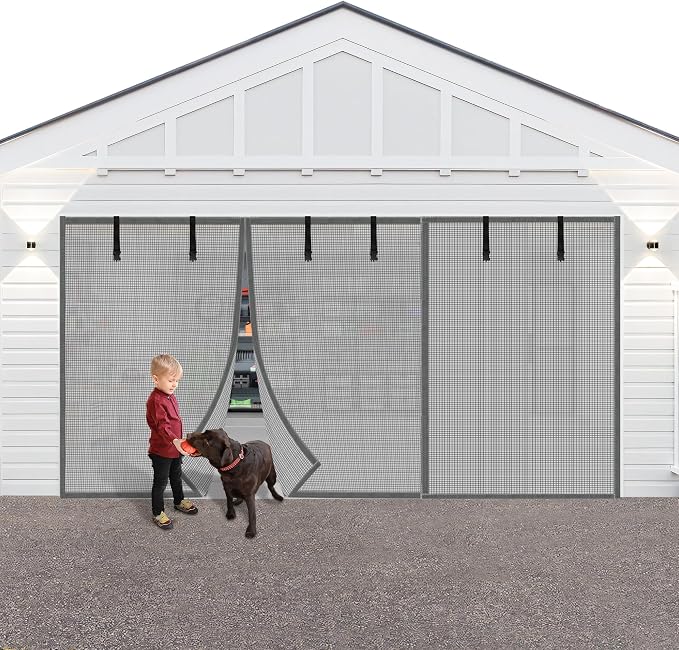 LIAMST Privacy Garage Door Screen Blackout for 2 Car Garage-16X9FT Privacy Silver Grey Heavy Duty Magnetic Garage Screen, Hands Free, Magnetic Privacy Garage Screen Door