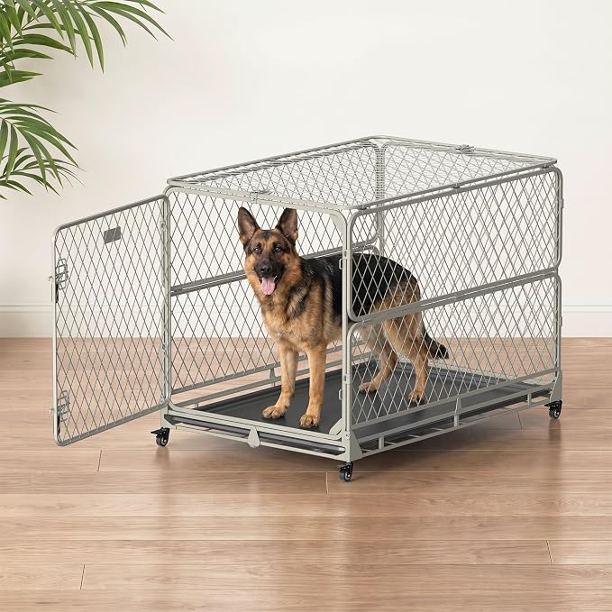 42 Inch Collapsible Dog Crate for Large Dogs, Foldable Metal Dog Kennel with Reinforced Diamond Wire Mesh, Escape Proof Foldable Dog Cage, Leak-Proof Removable Tray, Double Secure Door Latch