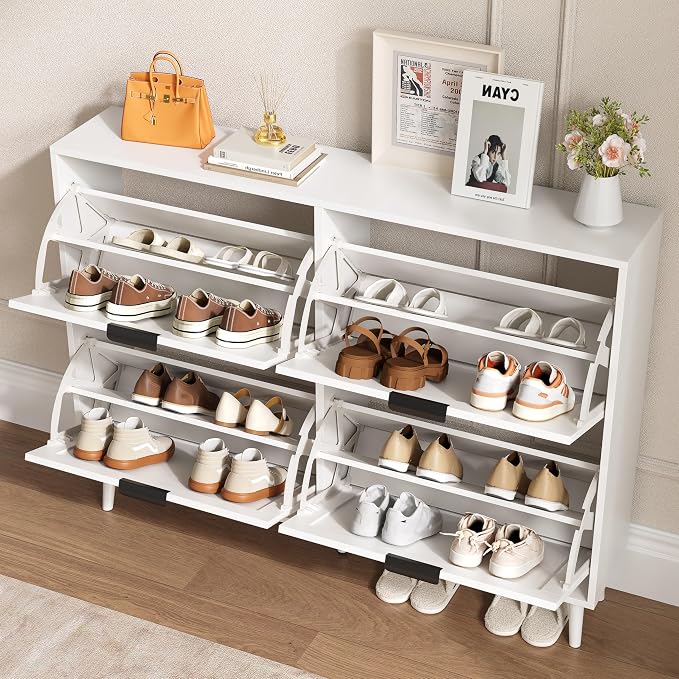 BORNOON Shoe Cabinet for Entryway with 4 Flip Drawers, Slim Wooden Shoe Storage Organizer with Modern Fluted Pannel，Freestanding Narrow Hidden Shoe Rack for Hallway, Foyer, Living Room