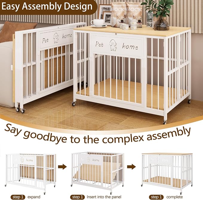 39" Foldable Dog Crate Furniture, Natural Wood | Wooden Construction, RGB Ceiling Lights, Silent Casters, Multi-Purpose End Table TV Stand, For Small Medium Dogs