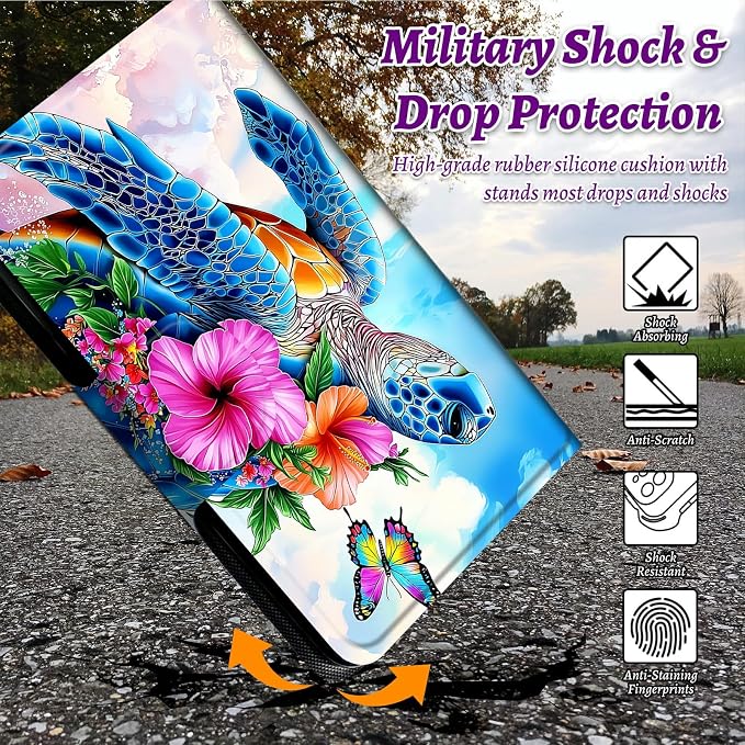 Rotating Handle Case for Samsung Galaxy Tab A 10.1" 2019 SM-T510/T515/T517, 360 Degree Swivel Kickstand with Magnetic Closure Leather Protective Cover for Women Men, Turtle Pink Flower