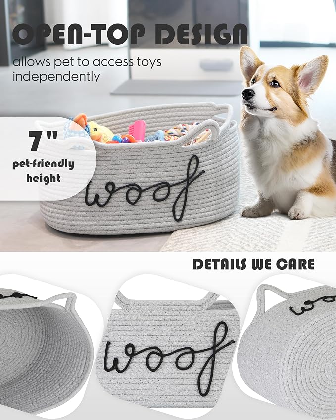 Sea Team Dog Toy Storage Basket with Handles and Ears, Gray Woof | Large Cotton Rope Storage Bin, Shelf Basket, Organizer for Pet Chew Toys, Foods, 16.5 x 11 x 7 Inches, 4.4 Gallons