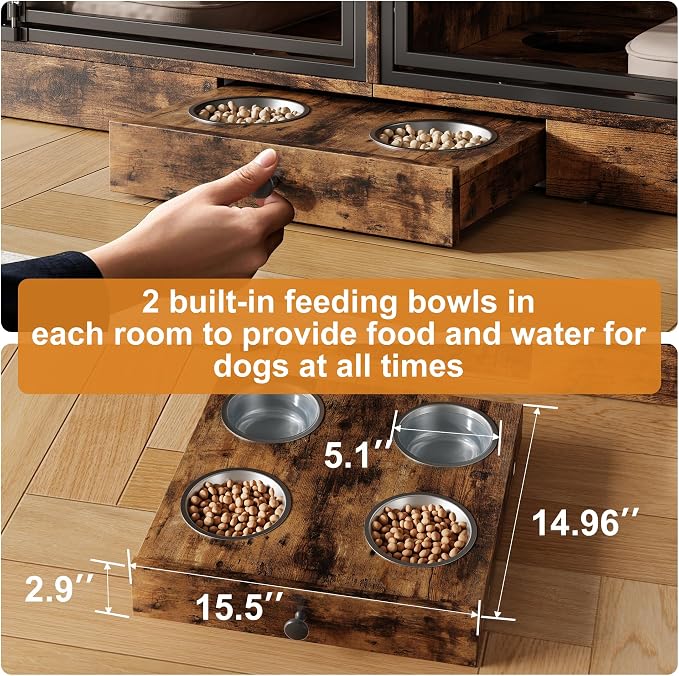 IDEALHOUSE 78.7" Double Dog Crate Furniture with Storage and 4 Doors, Brown | Dog Kennel Indoor with Feeding Bowls, Wood Dog Crate TV Stand for Small Medium Dogs