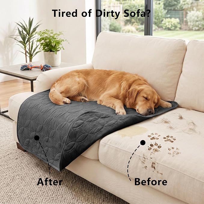 Waterproof Couch Cover for Dogs - Washable Pets Furniture Protector | TPU Leak-Proof Liner, Lightweight & Reversible, Fits Chair, Sofa, Bed, 68" x 82" , Black/Darkgrey