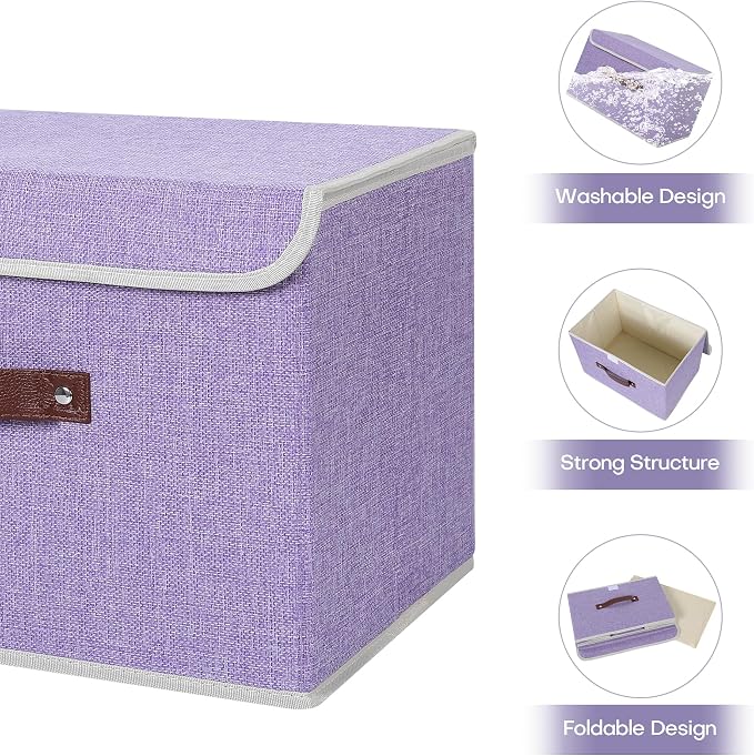 ANMINY Fabric Storage Box Bins with Lids, Purple, 13"x9"x7.9", 4 Pack | Keepsake Memory Storage, Cotton Linen, PP Board Reinforced, Washable, PU Handles, Foldable & Stackable, Decorative, Medium