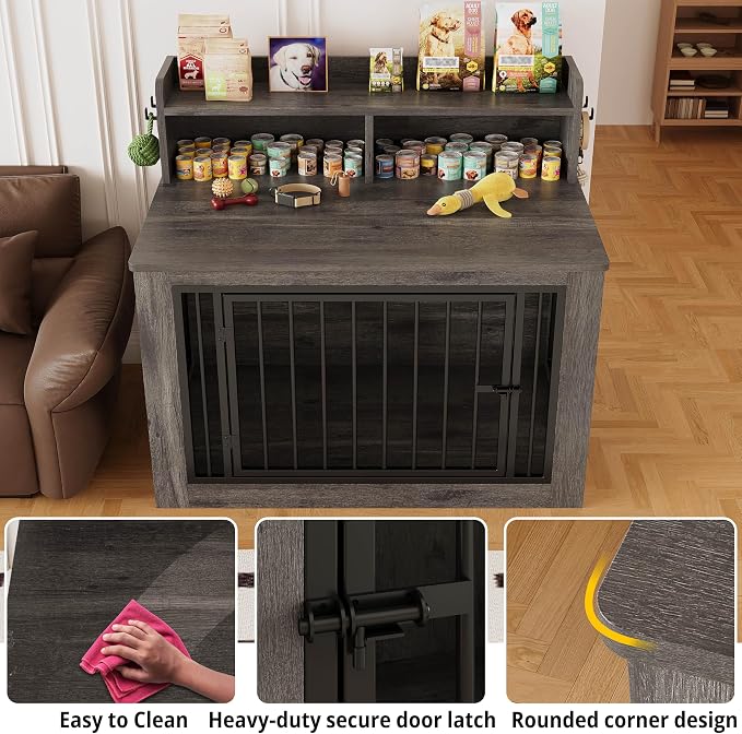 IRONCK 43.3" Extra Large Dog Crate Furniture with Storage Shelf | 10mm iron rods. Storage shelf and 4 hooks. 200 lb tabletop. 30"L x 43.3"W x 41.1"H indoor large crate