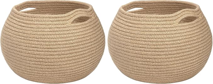 Goodpick Wicker Storage Basket for Living Room, Small Round Woven Basket for Toys, Towel, Bedroom, Children Corner Decoration Plant Baskets Indoor, Jute, 12.5"D x 8.3"H (Pack of 2)