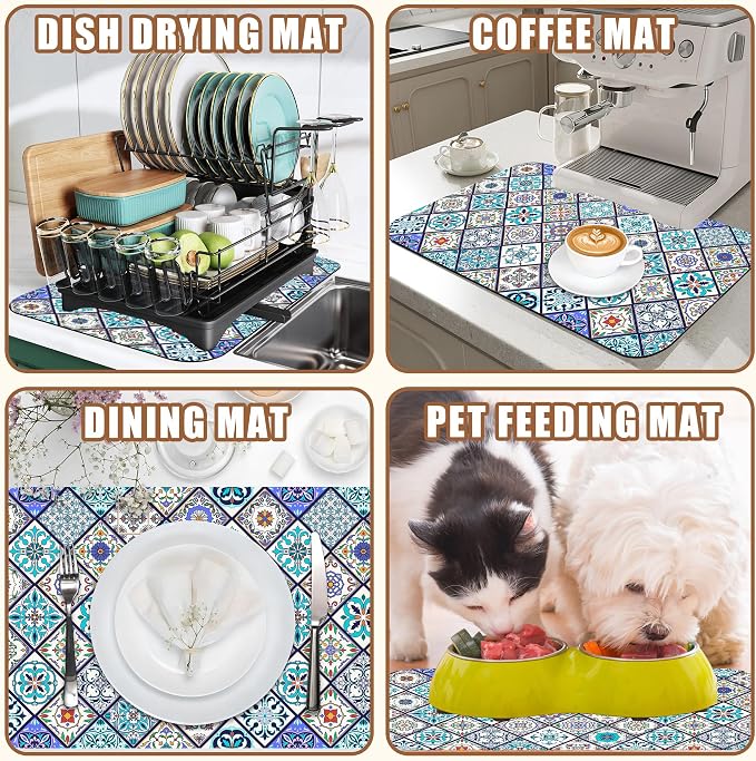 Colorful Tiles Dish Drying Mat for Kitchen Counter Coffee Mat Hide Stain Absorbent Non-Slip Rubber Backed Drying Rack Pad Espresso Machine Coffee Bar Accessories 11.8 x 19.7 Inch