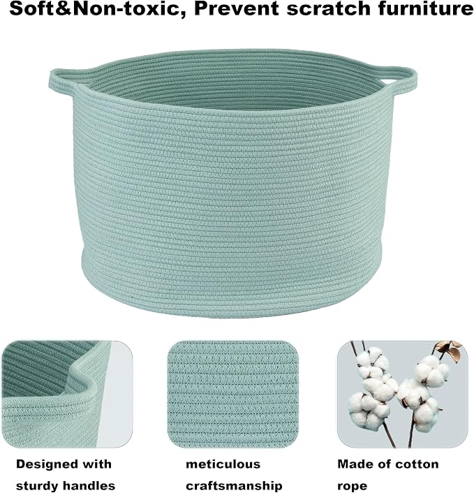 XUANGUO Extra Large Cotton Rope Round Storage Basket 22" x 14" Light Green | Woven basket for blankets, toys, towels, laundry, nursery, living room and pet toy storage.