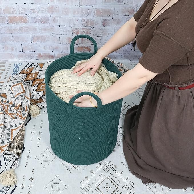 XUANGUO Cotton Rope Laundry Basket Hamper for Clothes Large Dark Green | Baby Nursery Hamper Bin and Woven Storage Basket for Living Room Bedroom Boho Tall Rope Baskets Blankets Toys Pillows Towels