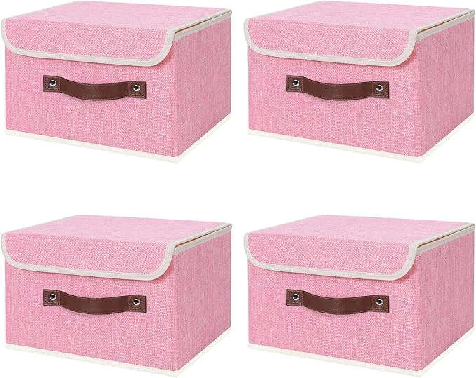 ANMINY Fabric Storage Box Bins with Lids, Pink, 10"x8"x7", 4 Pack | Keepsake Memory Storage, Cotton Linen, PP Board Reinforced, Washable, PU Handles, Foldable & Stackable, Decorative, Small