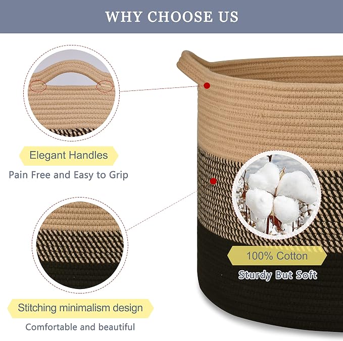 Large Cotton Rope Blanket Basket, 87L Laundry Hamper, Brown & Black