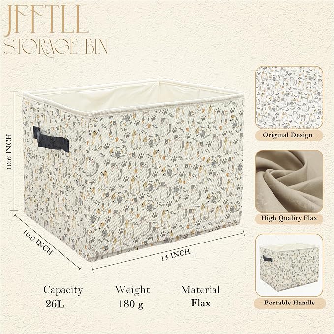 Cat Storage Bins with Handles, Cat Lover Gifts, Cute Paw Print Kitten Collapsible Laundry Basket Storage Box for Home Bedroom Bathroom Clothes Toys Books