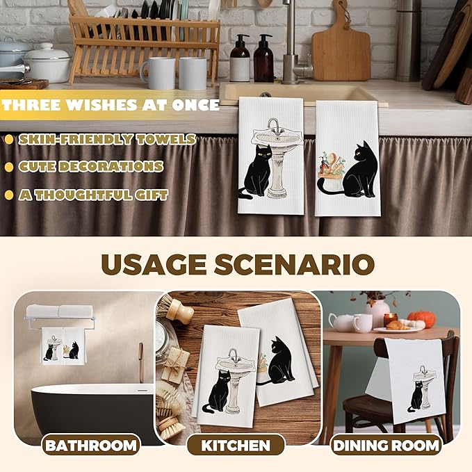 Bath Towels Set of 2, Cute Funny Black Cat Dish Towel for Bathroom Spa Kitchen, Decorative Hand Towels, Fast Drying Tea Towel, Housewarming Xmas Gifts for Cat Lover Women Mom -B27