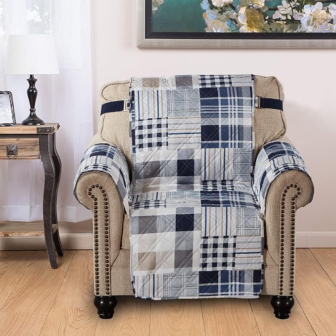 Brilliant Sunshine Blue Plaids & Stripes Couch Armchair Cover, 23" seat | Quilted Sofa Cover, Living Room & Bedroom Furniture Protector, Washable Chair Slipcover for Pets, Dogs & Cats