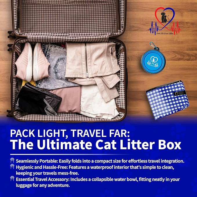 Pet Fit For Life Vibrant Collapsible Travel Cat Litter Box 16"x12"x5" Blue | Portable, Foldable Pop-Up Litter Box with Bonus Water Bowl. Compact Design Folds Flat for Travel, Camping and Home Use