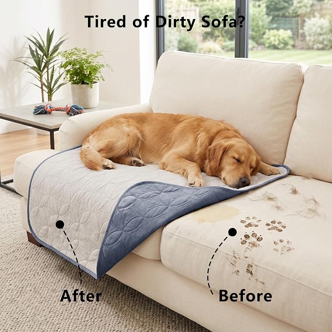 Waterproof Couch Cover for Dogs - Washable Pets Furniture Protector | TPU Leak-Proof Liner, Lightweight & Reversible, Fits Chair, Sofa, Bed, 82" x 102" , Blue/Cream