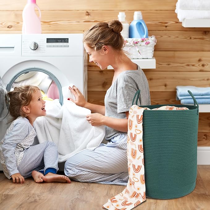 XUANGUO Cotton Rope Laundry Basket Hamper for Clothes Large Dark Green | Baby Nursery Hamper Bin and Woven Storage Basket for Living Room Bedroom Boho Tall Rope Baskets Blankets Toys Pillows Towels