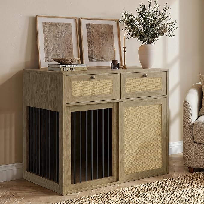 PureCozy Wooden Dog Crate Furniture, Left Unit, 40 Inch, Light Oak | Cane cabinet and metal sliding door with 2 storage drawers; furniture-style indoor kennel doubles as an end table.