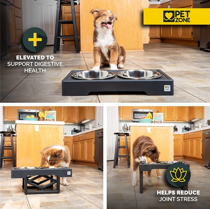 Pet Zone Designer Diner Elevated Stainless Steel Dog Bowls Set, 3 Heights | Raised stand adjusts 2.75, 8 and 12 inches, suits small, medium and large breeds, food and water dishes included in bundle