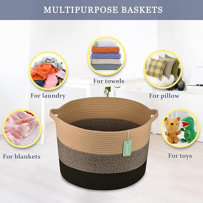 Large Cotton Rope Blanket Basket, 87L Laundry Hamper, Brown & Black