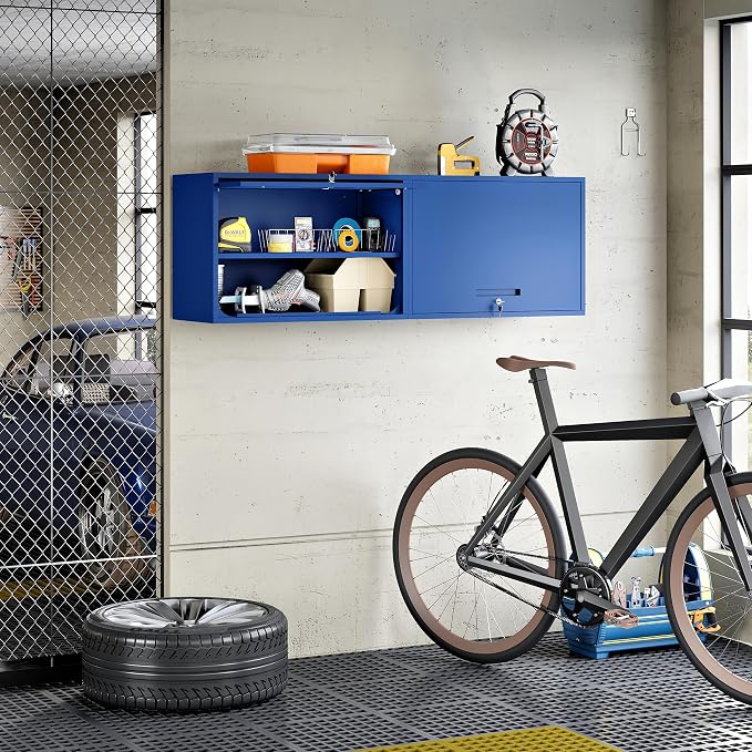 Metal Wall Cabinet with Locking Door and Shelf, Hanging Garage Cabinets with Up-Flip Doors for Garage, Warehouse, Home, Office, Assembly Required (Blue, One Cabinet)
