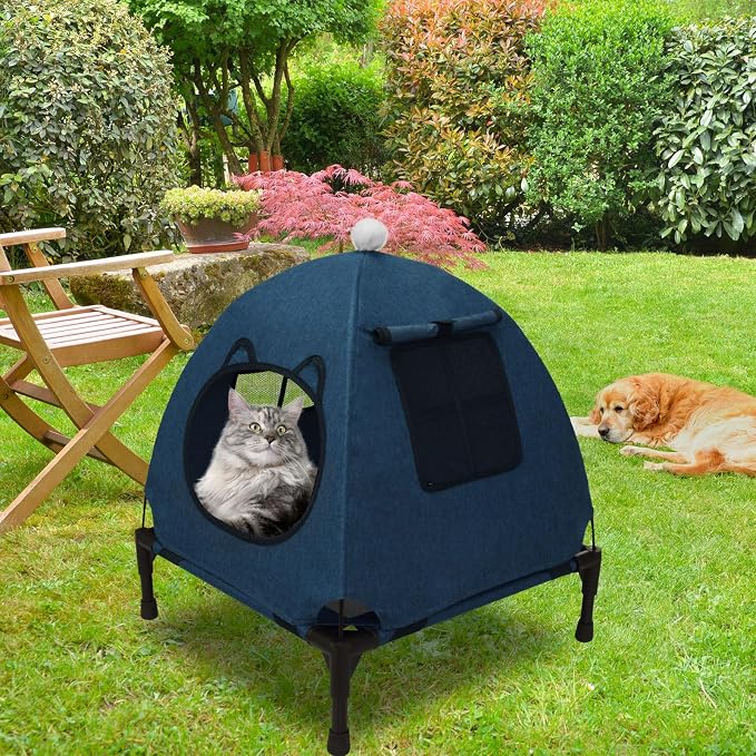 Pozico Elevated Pet Bed with Breathable Mesh for Small Cat and Dog, Raised Cooling Pet Cot for Puppy and Kitty, 18.9x18.9 inch (Navy Blue Bed with Canopy)
