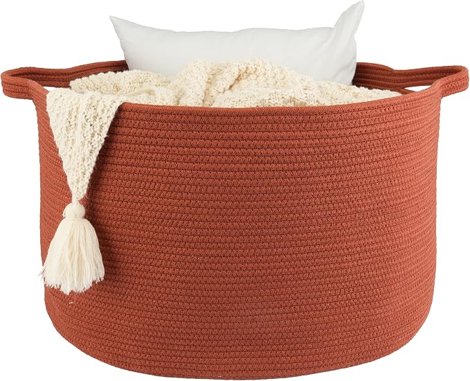 XUANGUO Extra Large Cotton Rope Round Storage Basket 22" x 14" Rustic | Woven basket for blankets, toys, towels, laundry, nursery, living room and pet toy storage.
