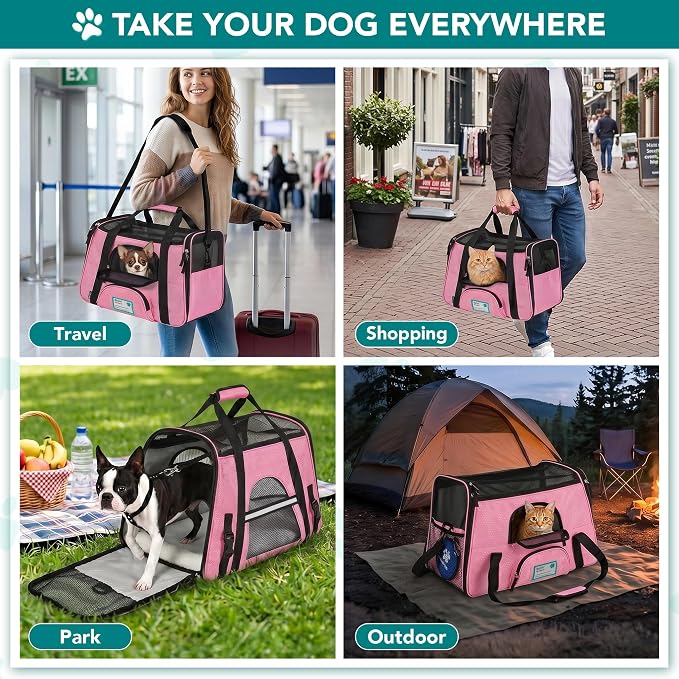 PetAmi Airline Approved Pet Carrier for Cats & Small Dogs, Small, Pink | Soft Sided TSA Travel Bag, Sherpa Bed, Breathable Mesh Ventilation, Collapsible Bowl, Fits Under Seat, Up to 18 lbs