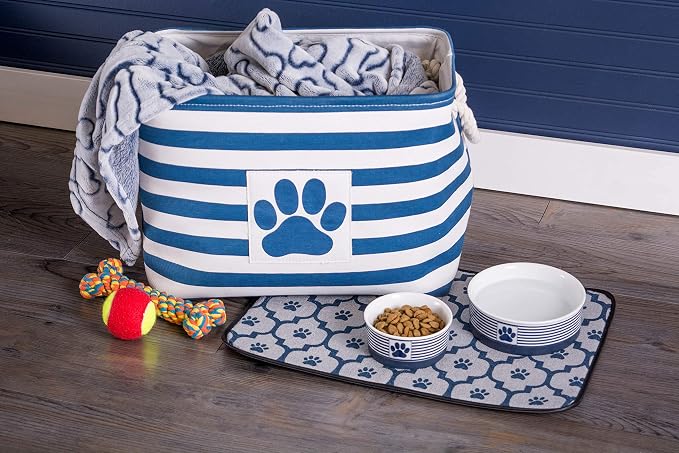 Bone Dry Pet Storage Collection Striped Paw Patch Bin, Large Rectangle, Navy