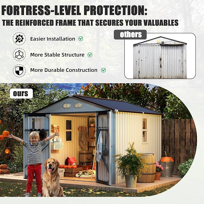 8x8 FT Outdoor Storage Shed, Metal Storage Shed with 4 Windows & Lockable Double Doors, Heavy-Duty Storage Tool Shed with Protective Film for Backyard Garden, White