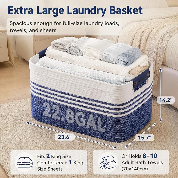 Cotton Rope Laundry Basket Extra Large, 22.8GAL Collapsible Woven Storage Baskets for Living Room Kids Toys Stuffed Animal,Boho Rectangular Decorative Hamper for Dirty Clothes, Blankets Denim Blue