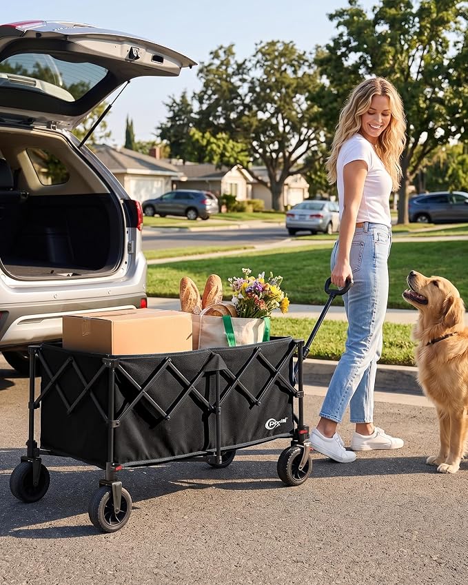 Portal Ultra Compact Folding Wagon Cart with Brakes, 300L Large Cart | Portable Outdoor Design; Durable Construction; Easy Setup & Storage; Color: Black